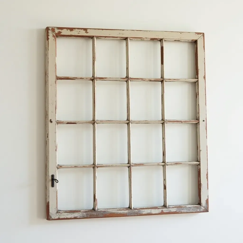 a photo of antique window frames repurposed as wall art