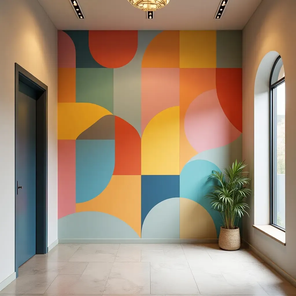 a photo of a vibrant geometric wall mural in an entrance hall