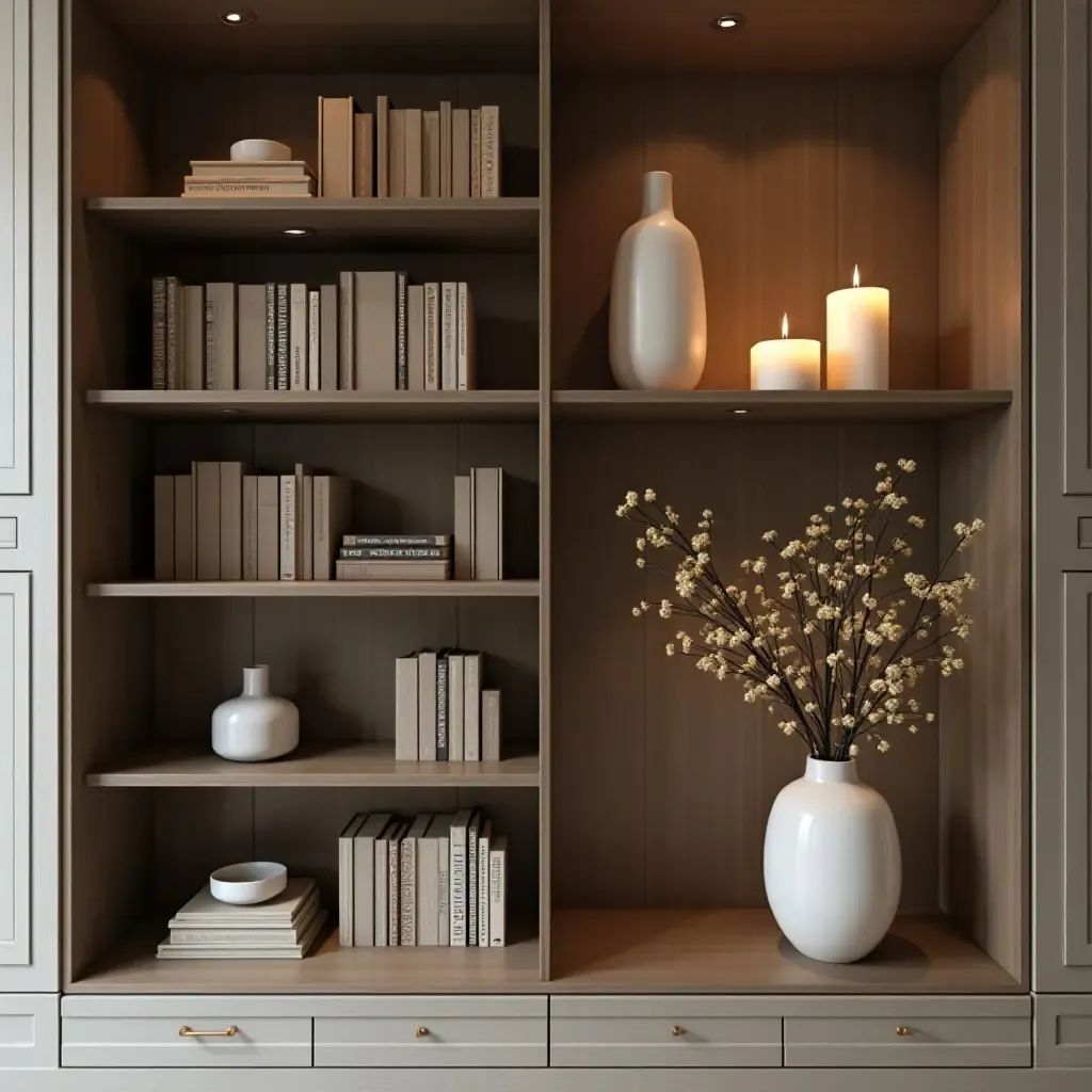 a photo of a modern bookshelf adorned with elegant vases and candles