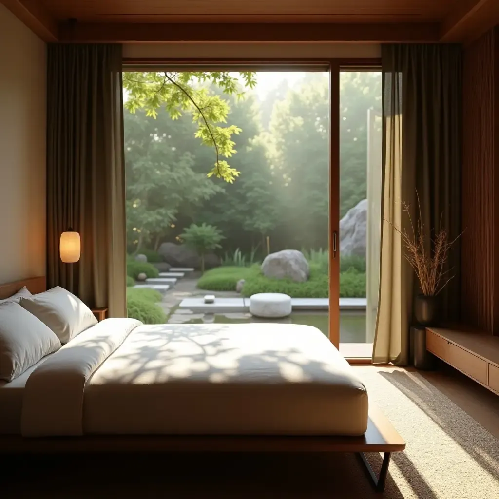 a photo of a tranquil bedroom with a zen garden view