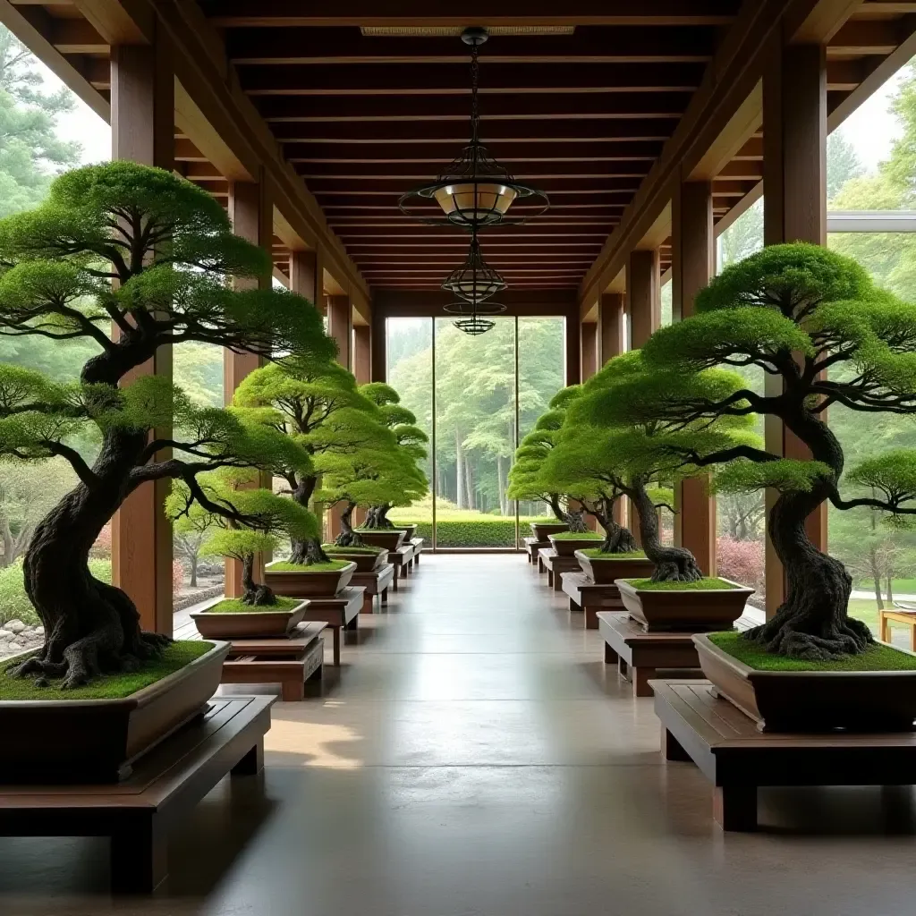 a photo of a corridor featuring a collection of bonsai trees