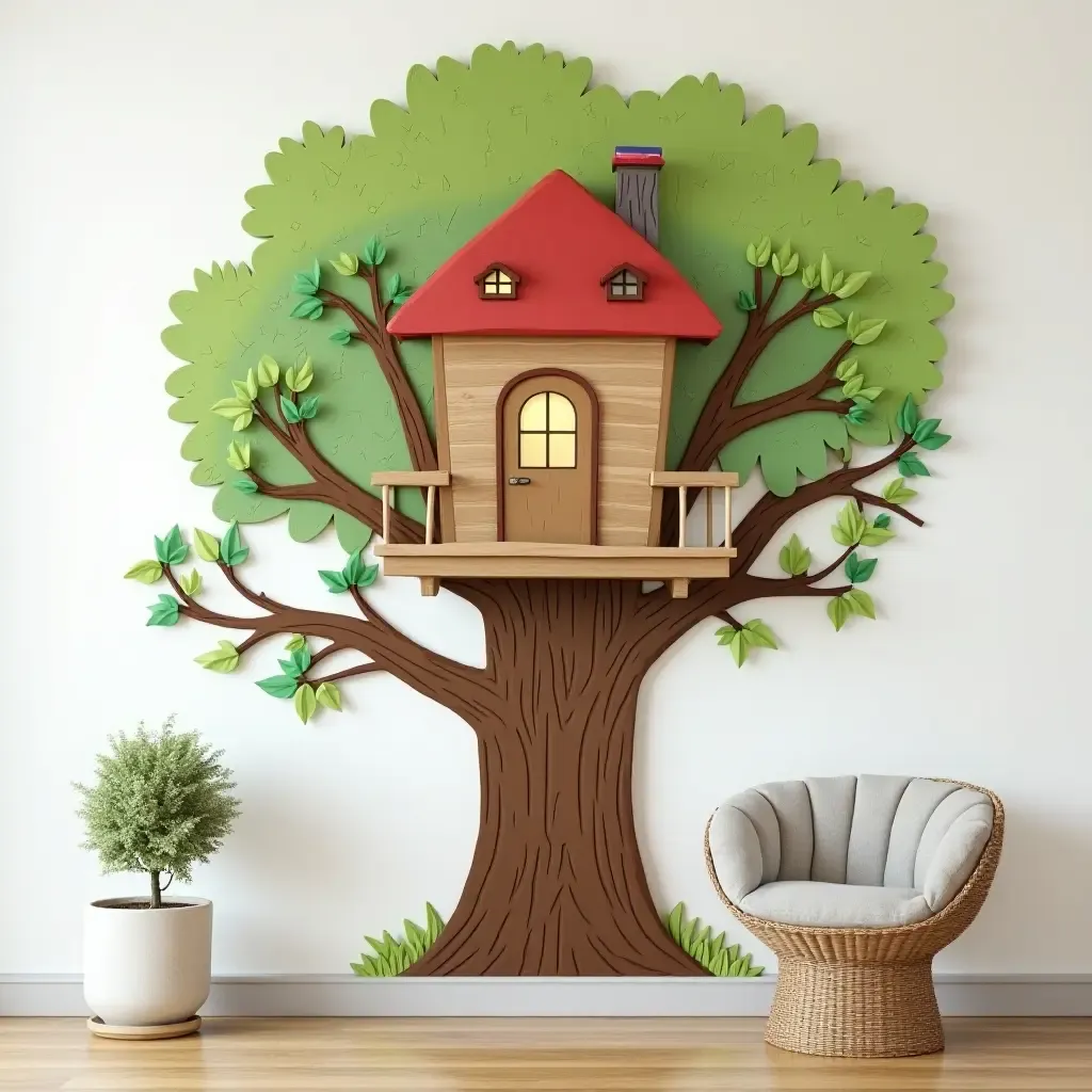 a photo of a whimsical treehouse wall art for adventurous kids