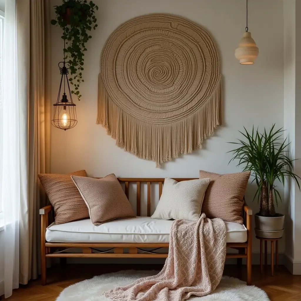 a photo of a cozy reading nook adorned with bohemian wall decor