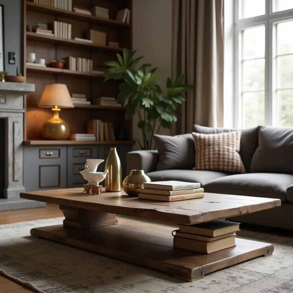 a photo of a living room with a rustic coffee table and vintage books