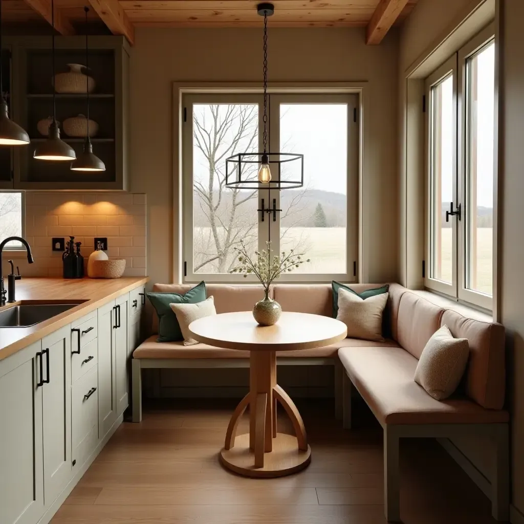 a photo of a cozy kitchen nook with wooden seating