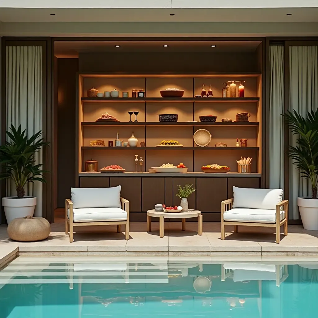 a photo of a luxurious poolside shelf with gourmet snacks displayed