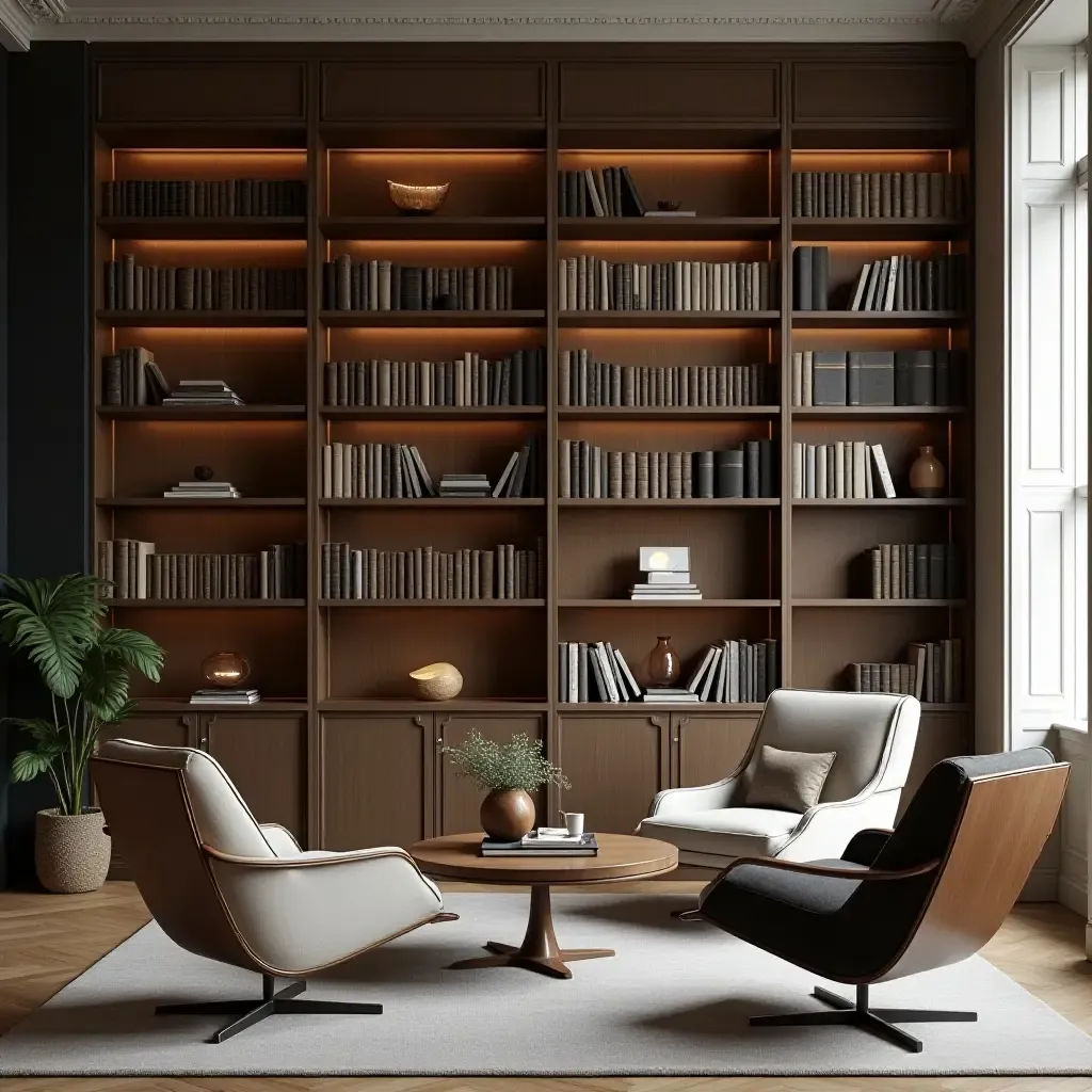 a photo of a library showcasing vintage decor alongside minimalist modern design