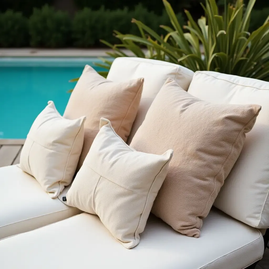 a photo of cozy throw pillows on a sunbed next to a pool