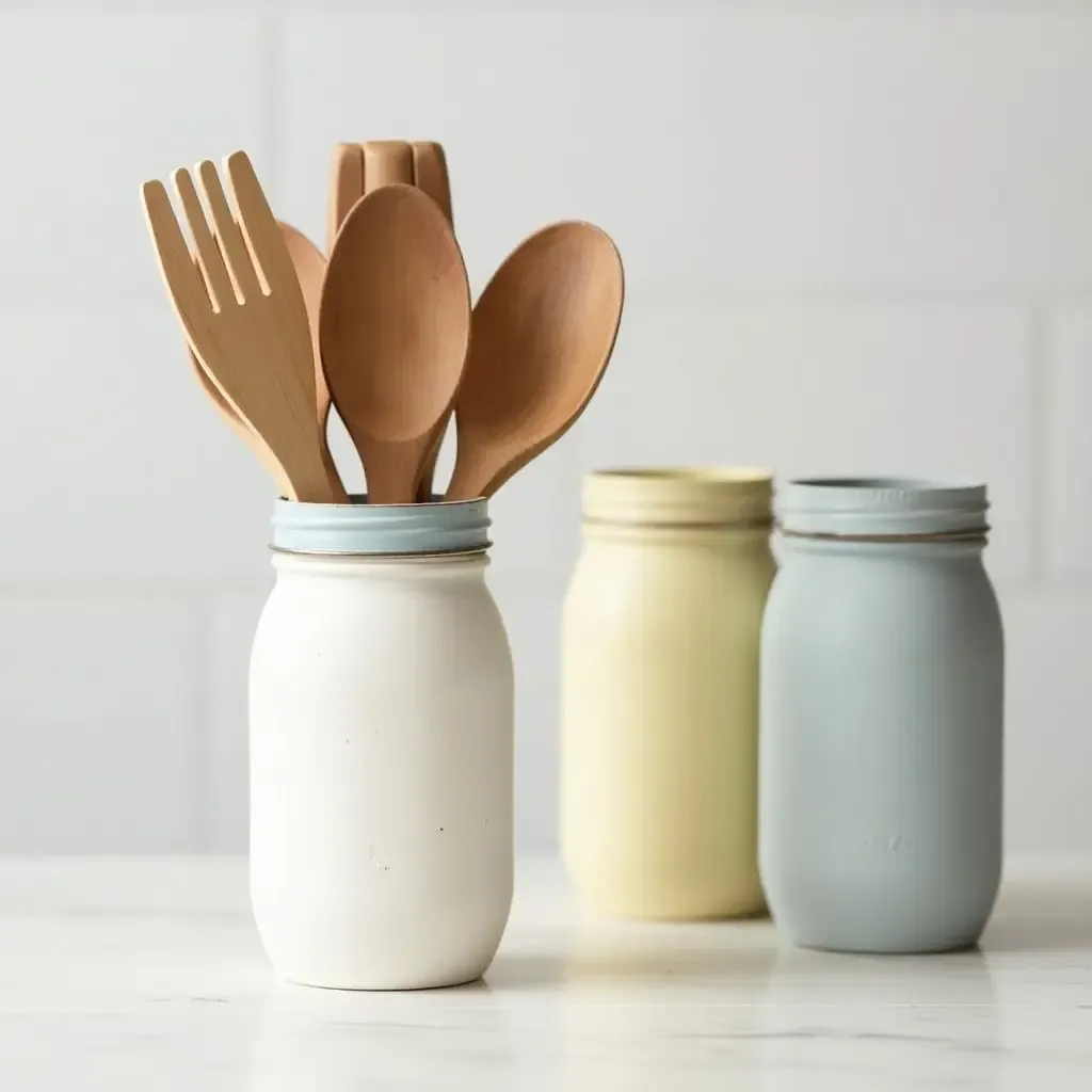 a photo of DIY painted mason jars for utensil storage