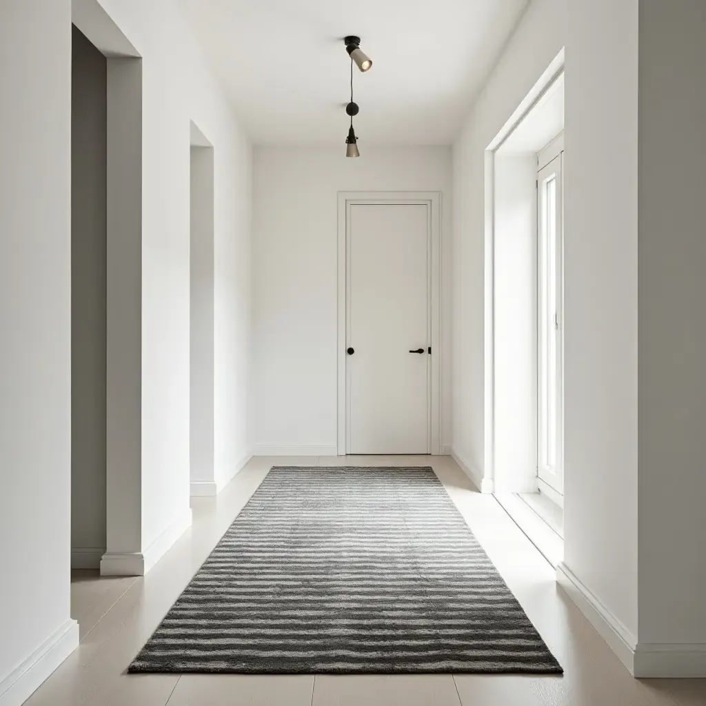 a photo of a chic, monochrome rug in a modern minimalist corridor