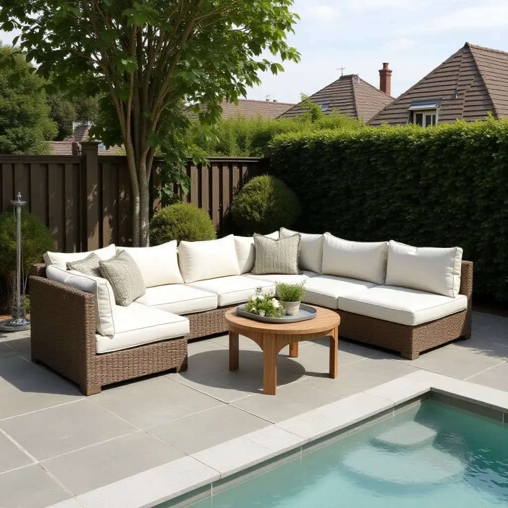 a photo of a concrete patio transformed with a stylish outdoor sofa set