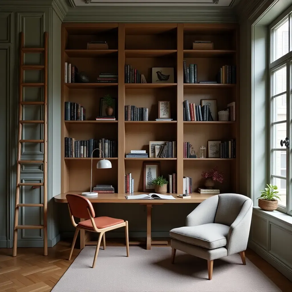 a photo of a chic library corner with a stylish ladder and curated book collection