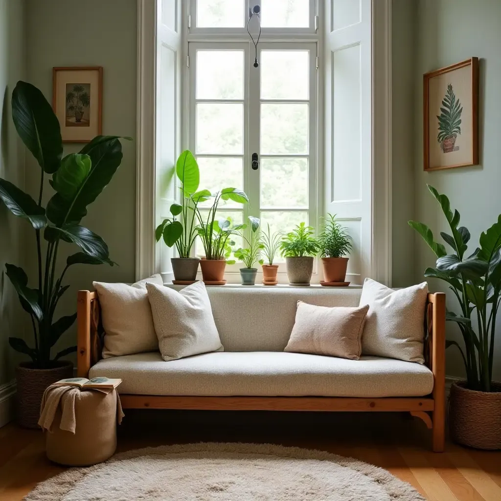 a photo of a charming reading nook with plants and soft cushions