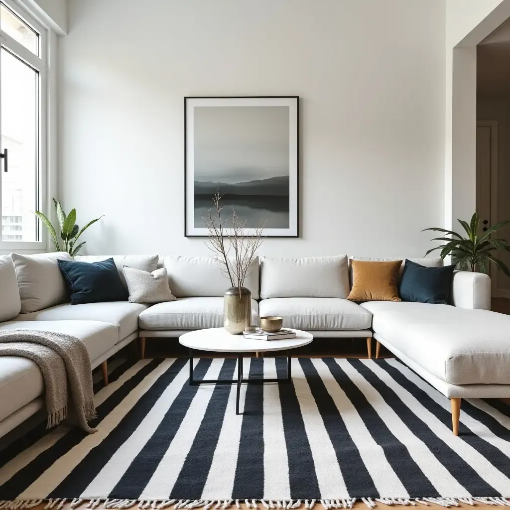 a photo of a monochrome striped rug in a contemporary living room