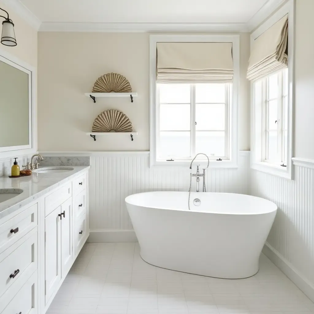 a photo of a coastal bathroom featuring metallic seashell decor and elegance