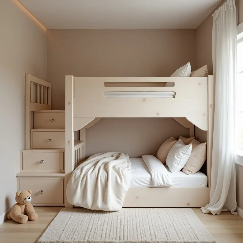 a photo of a loft bed with a serene color palette and soft bedding