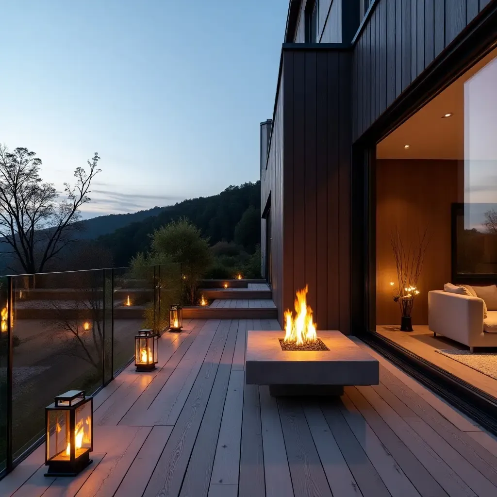 a photo of a glass balcony with a stylish outdoor fireplace for warmth and privacy