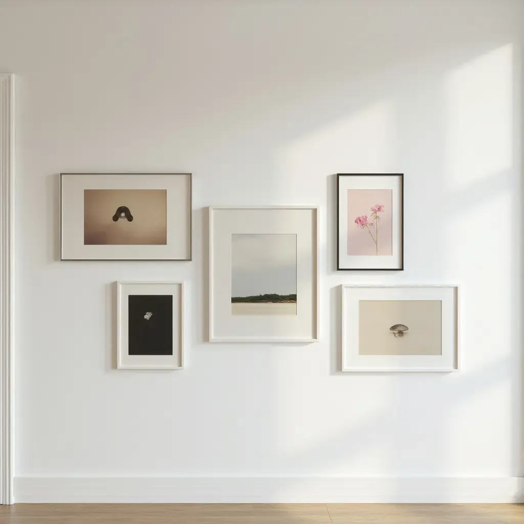 a photo of a gallery wall with art hung at varying heights