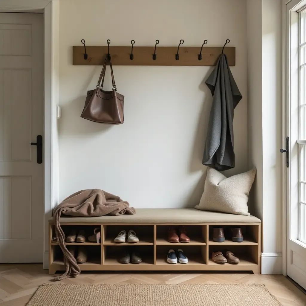 a photo of a functional entryway with a foldable bench and shoe storage