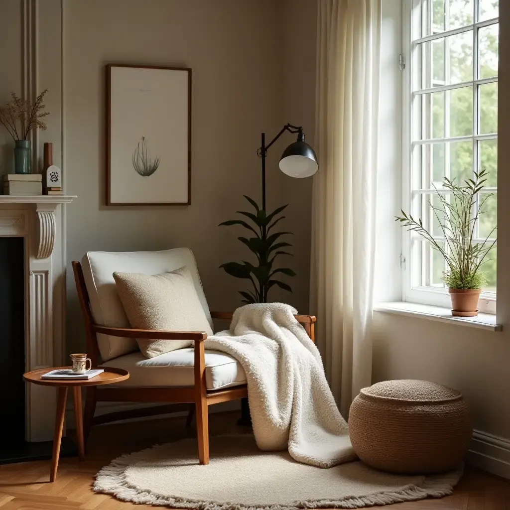 a photo of a reading nook featuring a wooden armchair and soft blankets