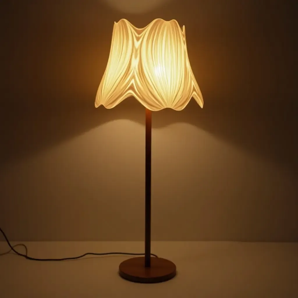 a photo of a bright floor lamp with a unique, artistic shade