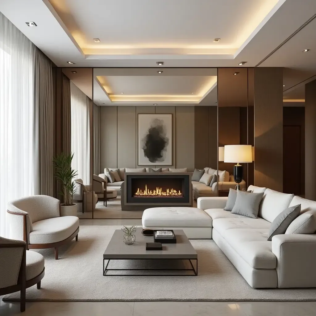 a photo of a contemporary living room with a mirrored accent wall