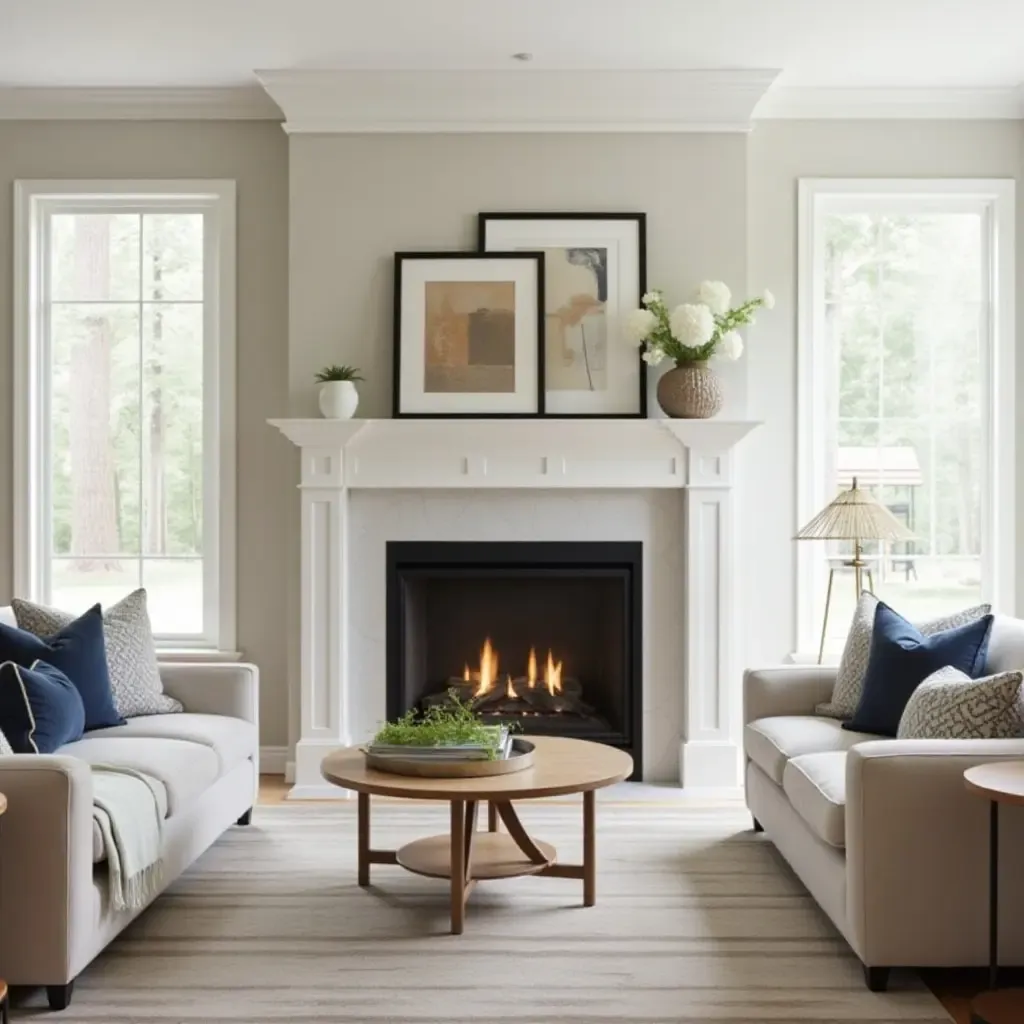 a photo of a dual-sided fireplace surround separating two living areas