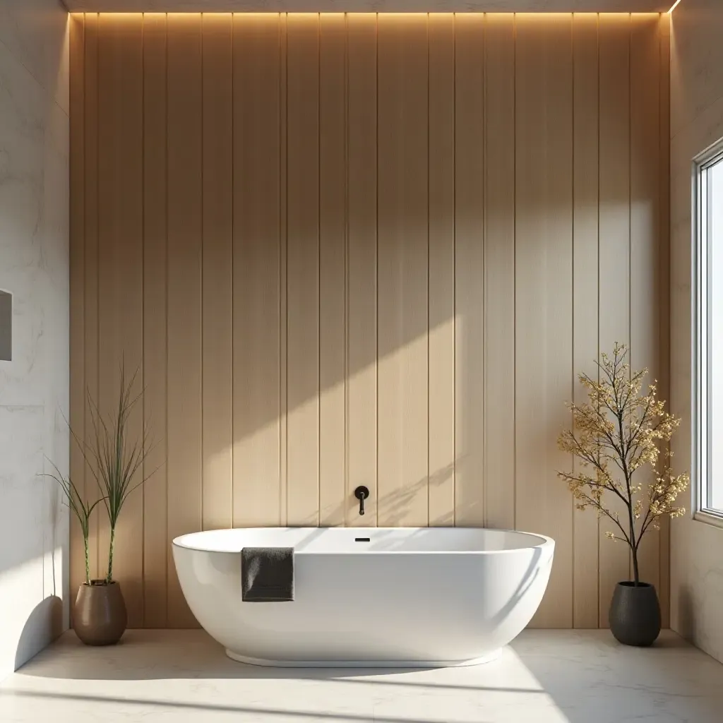 a photo of a wooden accent wall in a minimalist bathroom design