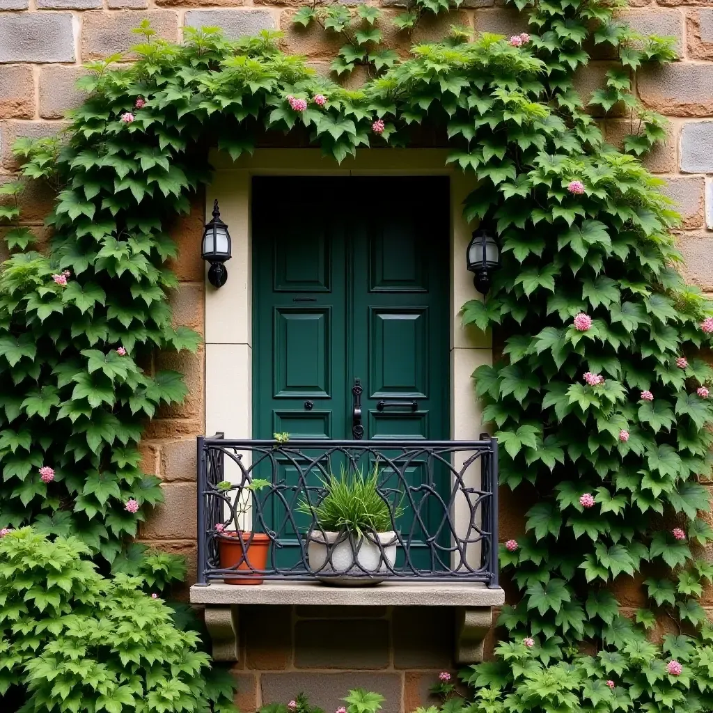 a photo of a balcony featuring a wall of cascading ivy and wildflowers