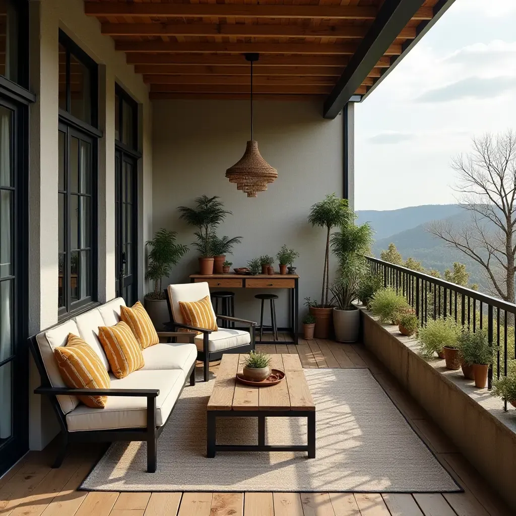 a photo of a balcony adorned with reclaimed wood furniture and metal accents