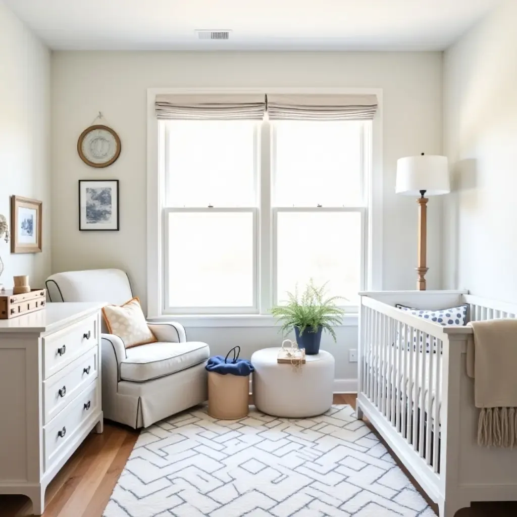 a photo of a nautical-themed nursery with space-efficient furniture