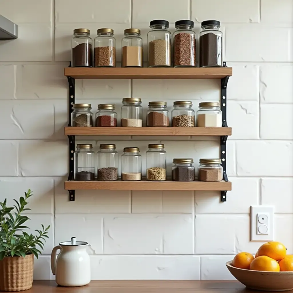 a photo of a classic kitchen with a wall-mounted spice rack and glass jars