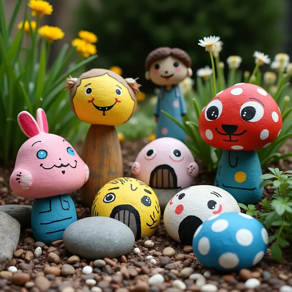 a photo of a whimsical garden with painted rocks and sculptures