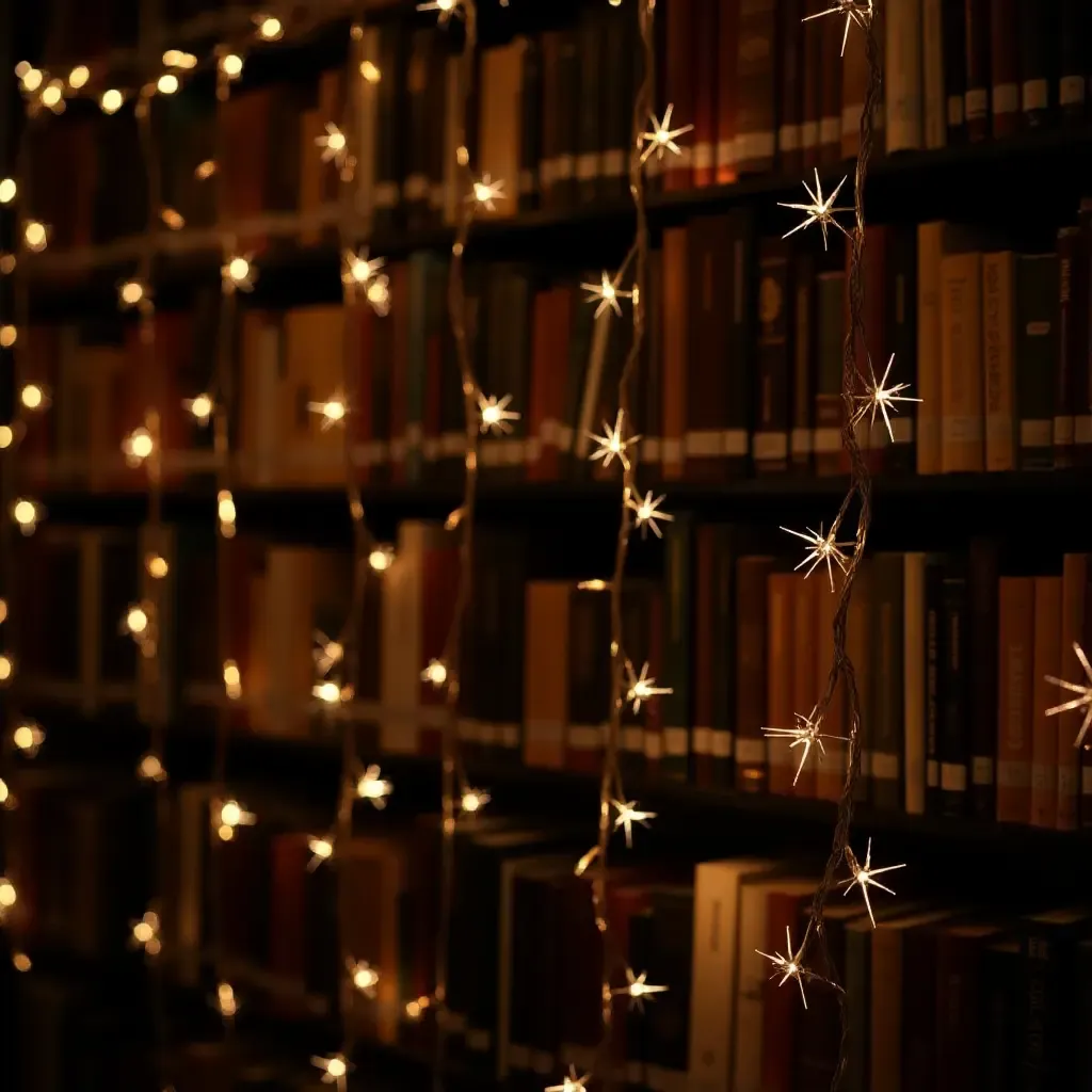 a photo of a library wall adorned with fairy lights and books