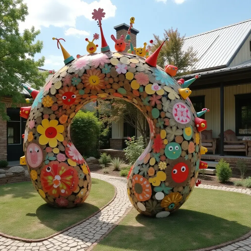 a photo of a whimsical outdoor art installation made from recycled materials