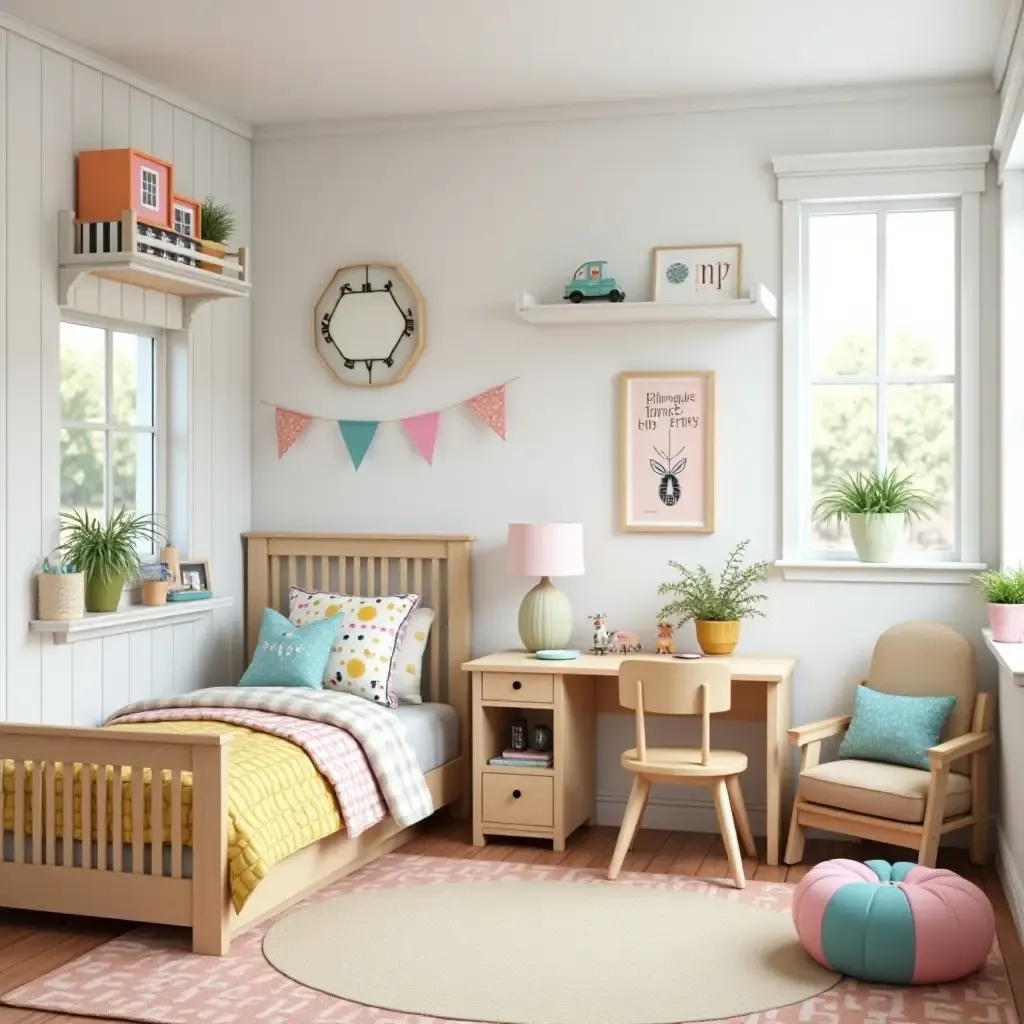 a photo of a playful children&#x27;s room with a farmhouse theme and colorful accents