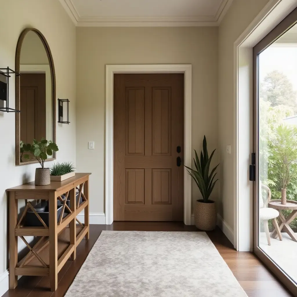 a photo of a warm brown and cream entryway with rustic accents