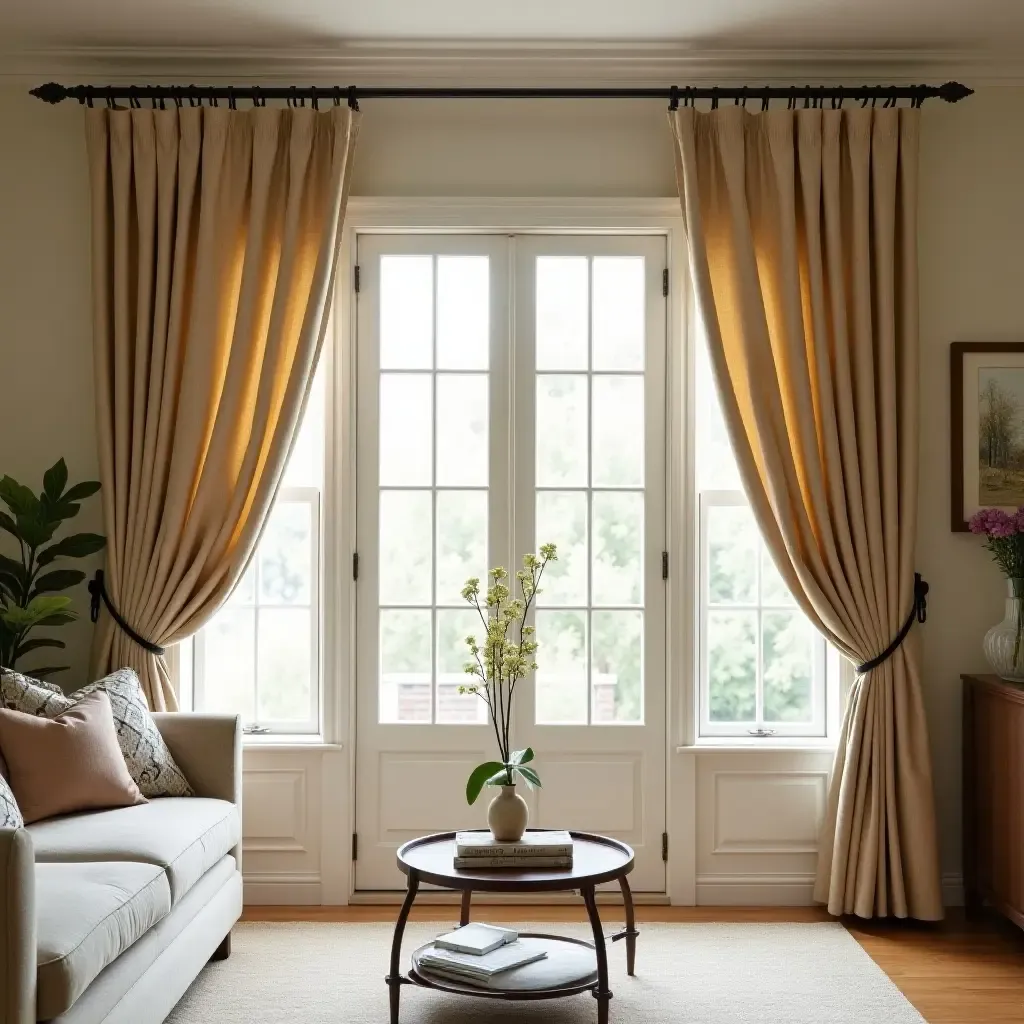 a photo of a living room showcasing colonial-style drapes and elegant window treatments