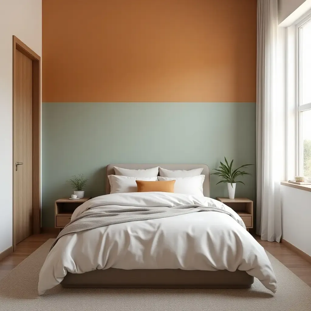 a photo of a small bedroom showcasing a color-blocked wall