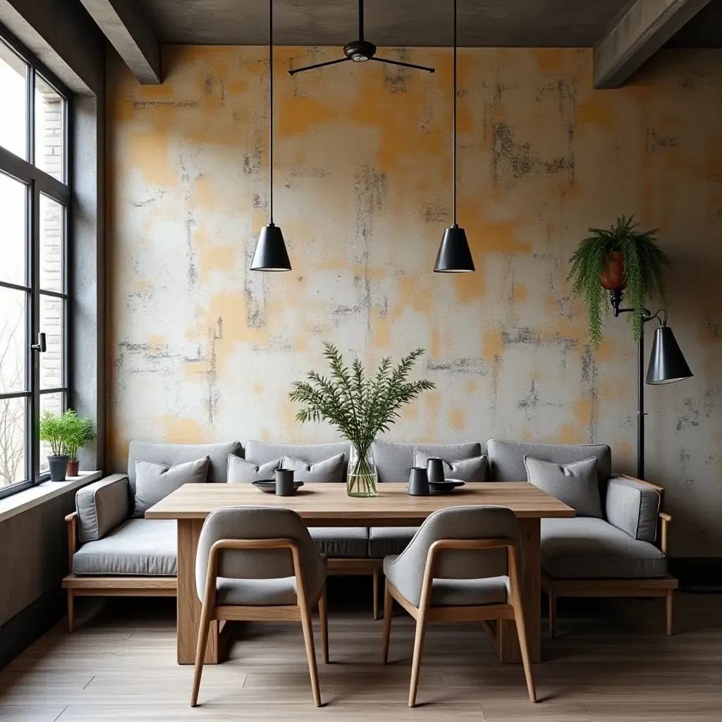 a photo of a bold accent wall with industrial wallpaper