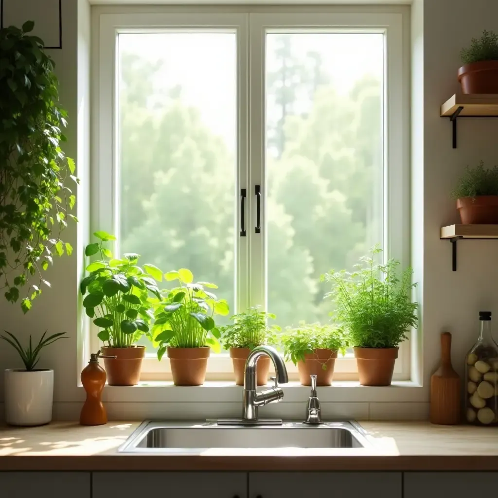 a photo of a bright kitchen with a window box of herbs