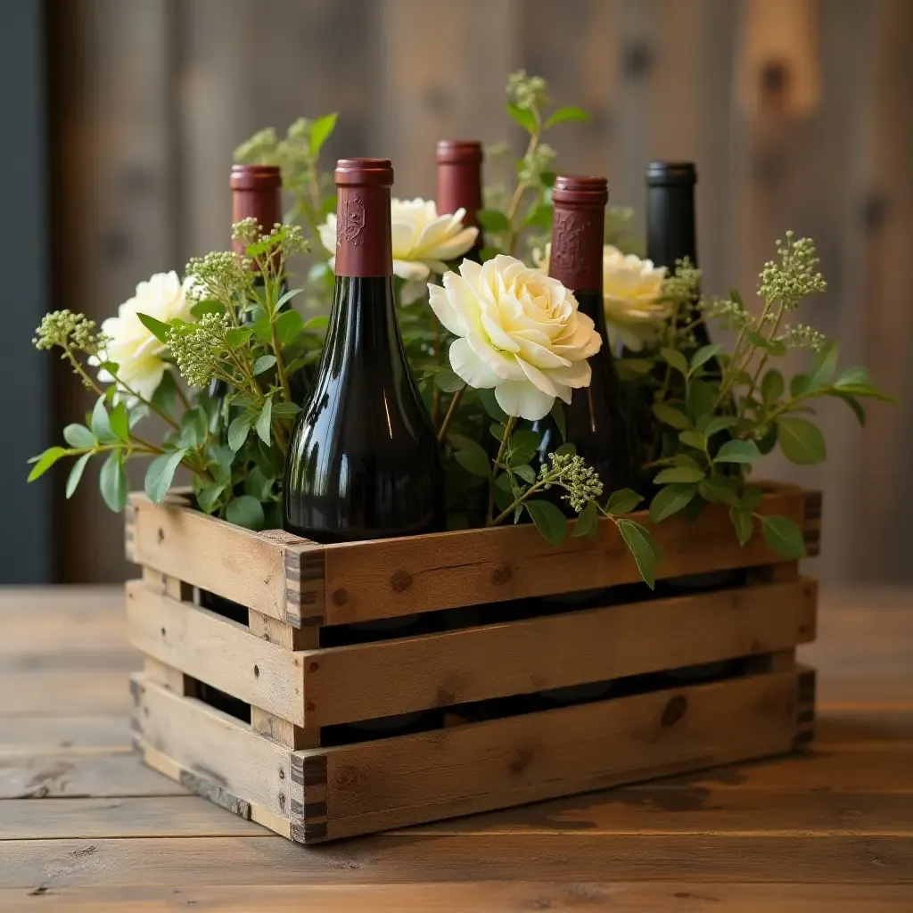 a photo of a vintage wine crate used as a rustic centerpiece