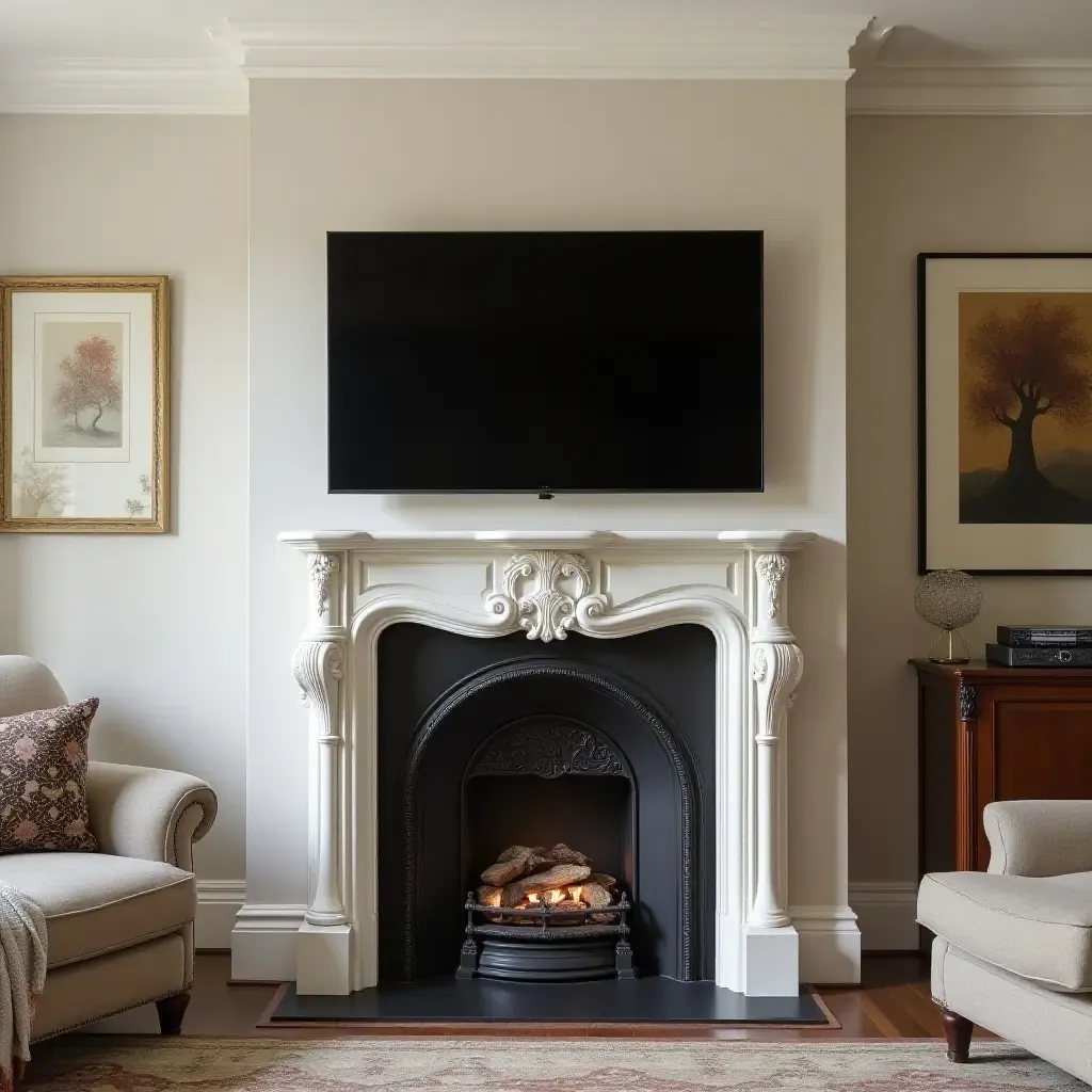 a photo of a traditional living room with a TV cleverly hidden above an ornate fireplace mantel