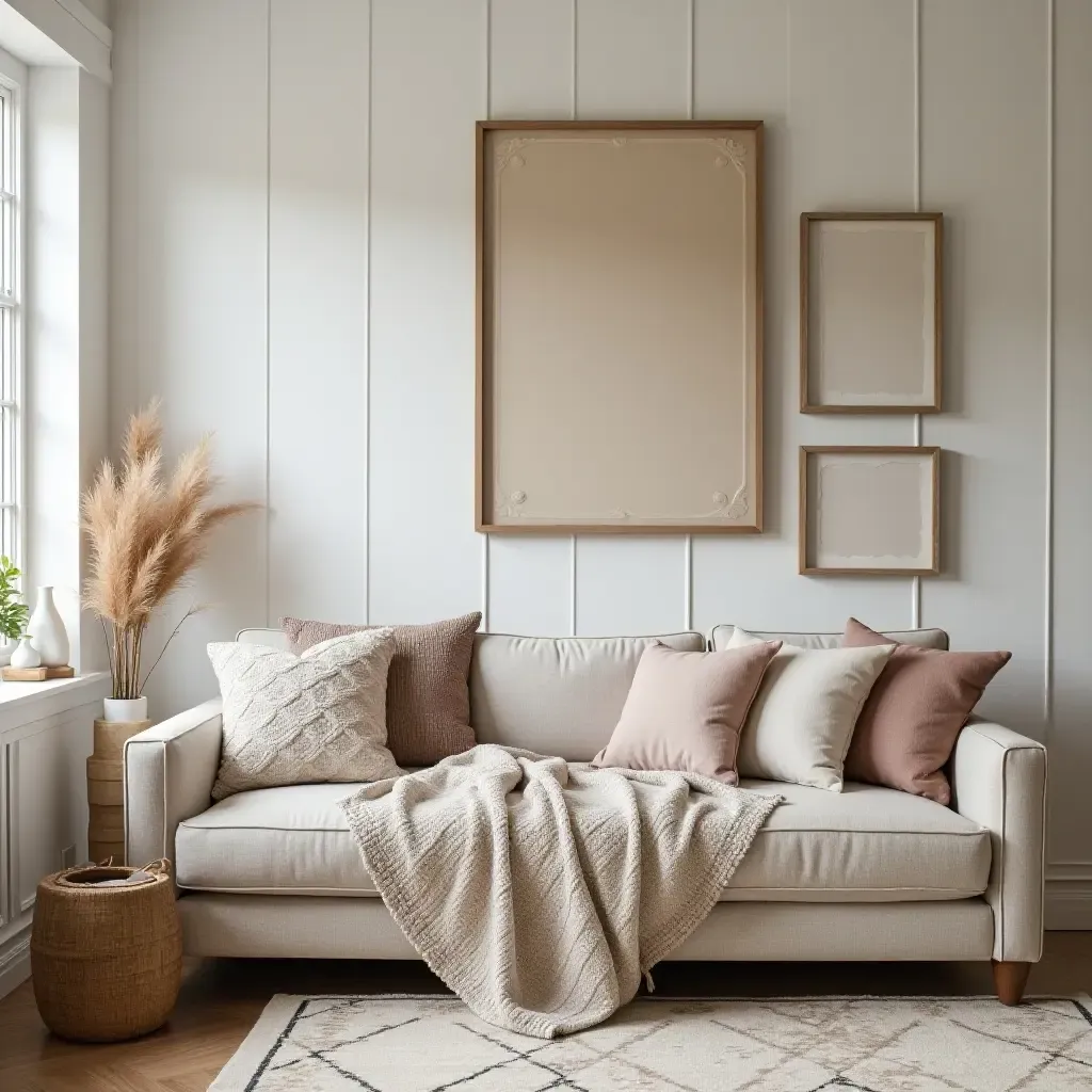 a photo of a living room with distressed wood accents and cozy throw blankets