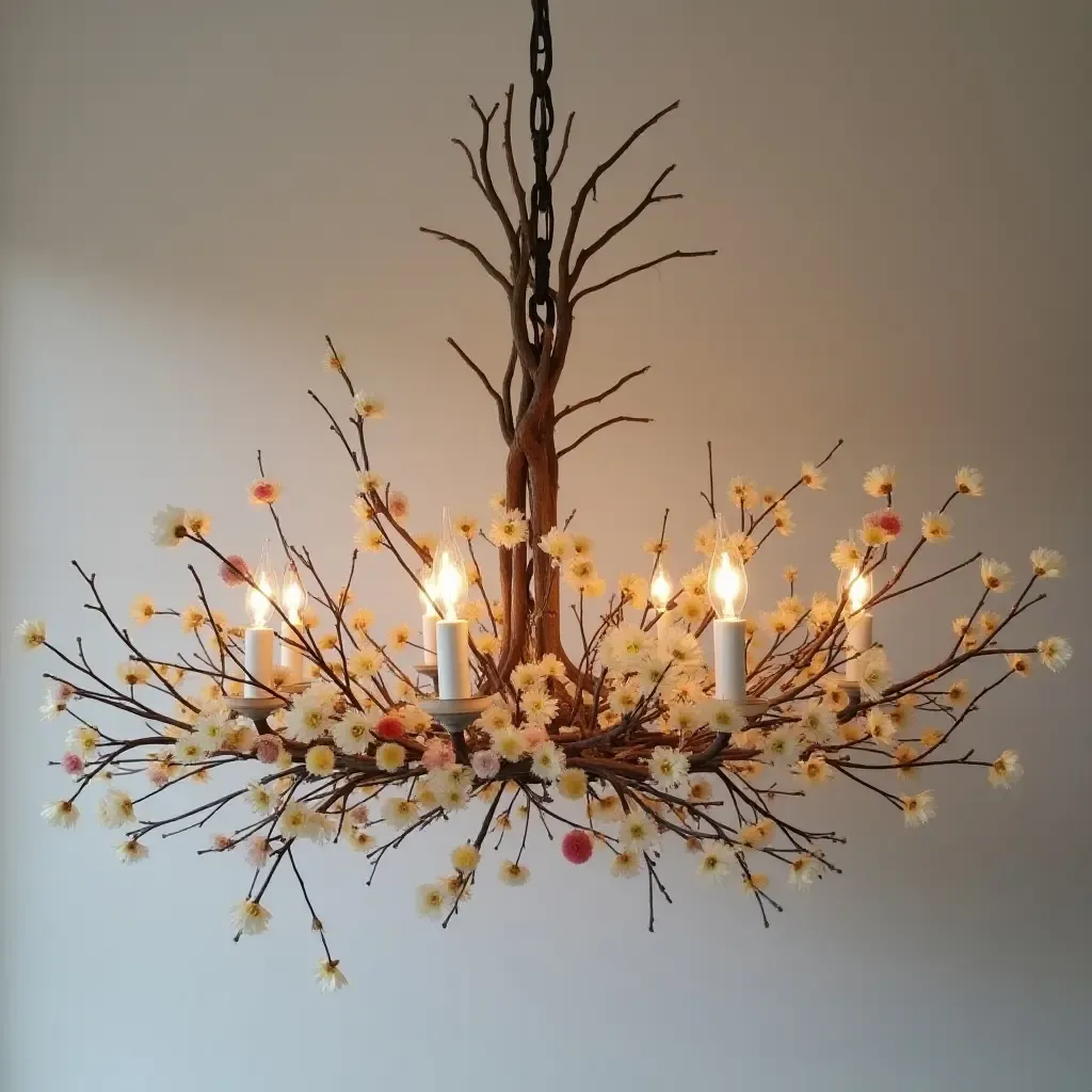 a photo of a delicate chandelier made of twigs and dried flowers