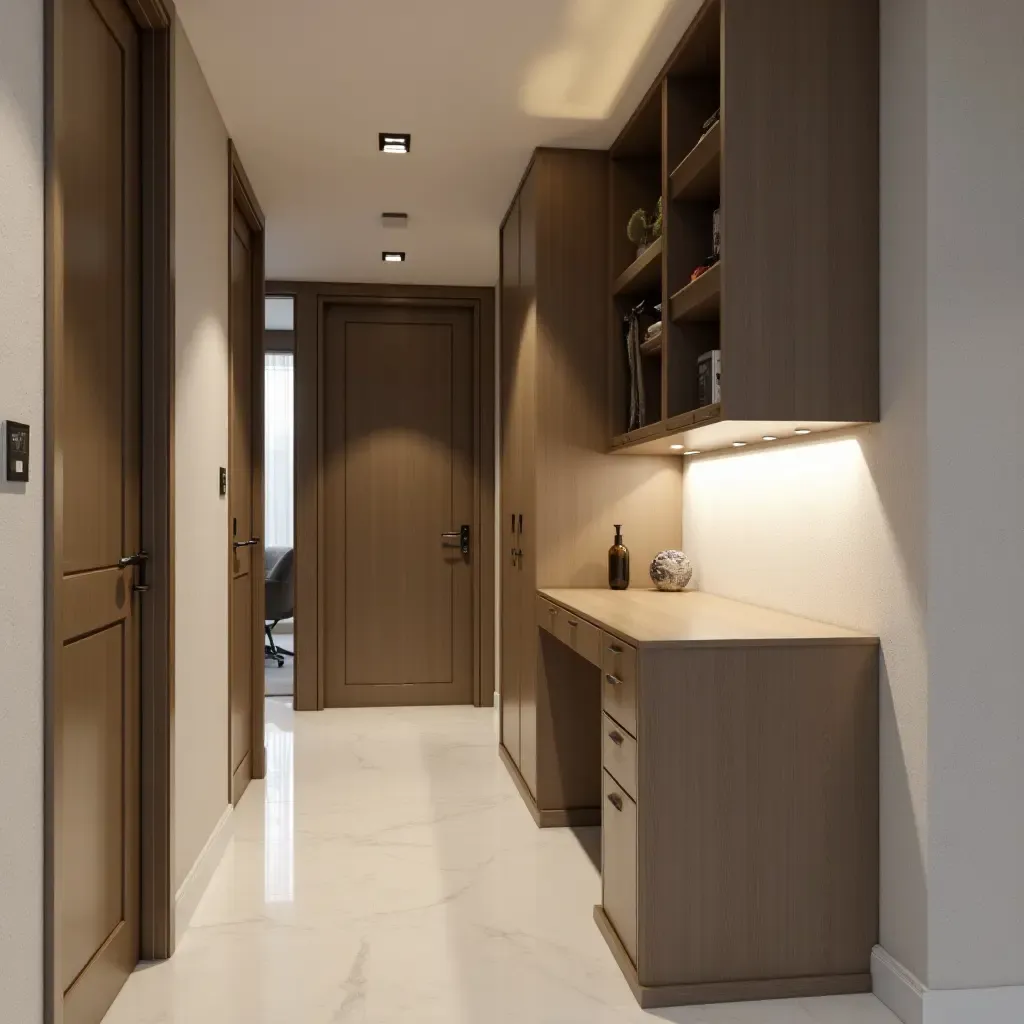 a photo of a corridor featuring a stylish wall-mounted desk for storage