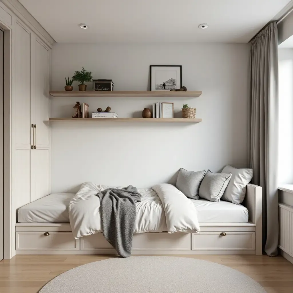 a photo of a chic kids&#x27; bedroom featuring metallic silver shelves