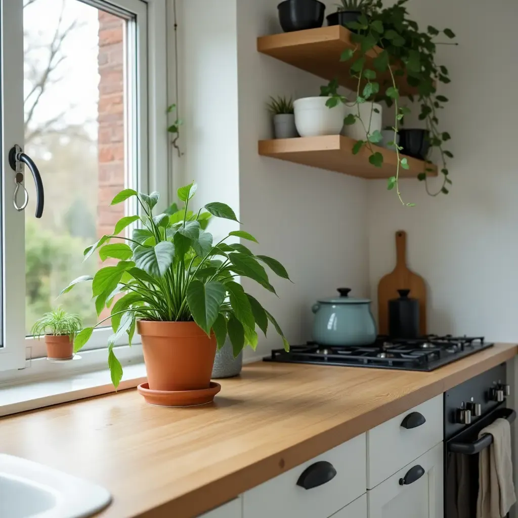 a photo of a kitchen with a green-themed plant arrangement