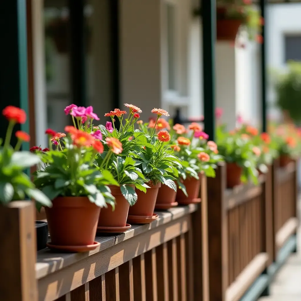 a photo of a wooden railing adorned with hanging flower pots