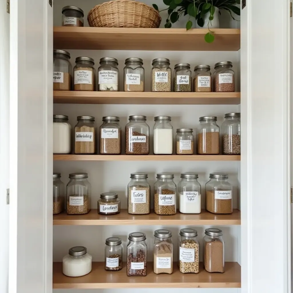 a photo of a chic pantry with labeled glass jars and wooden shelves